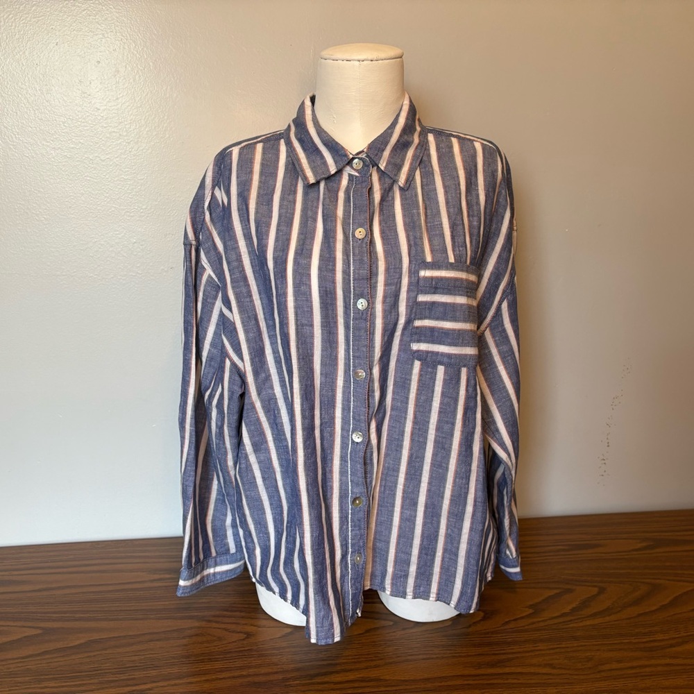 Sigrid Olsen Medium Linen Cotton Striped Three Quarter Sleeve Classic Blouse Top